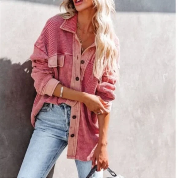 Vici Rigo Coral Pink Orange Sherbet Waffle Knit Oversized Button Down Shacket Sm - Picture 3 of 3
